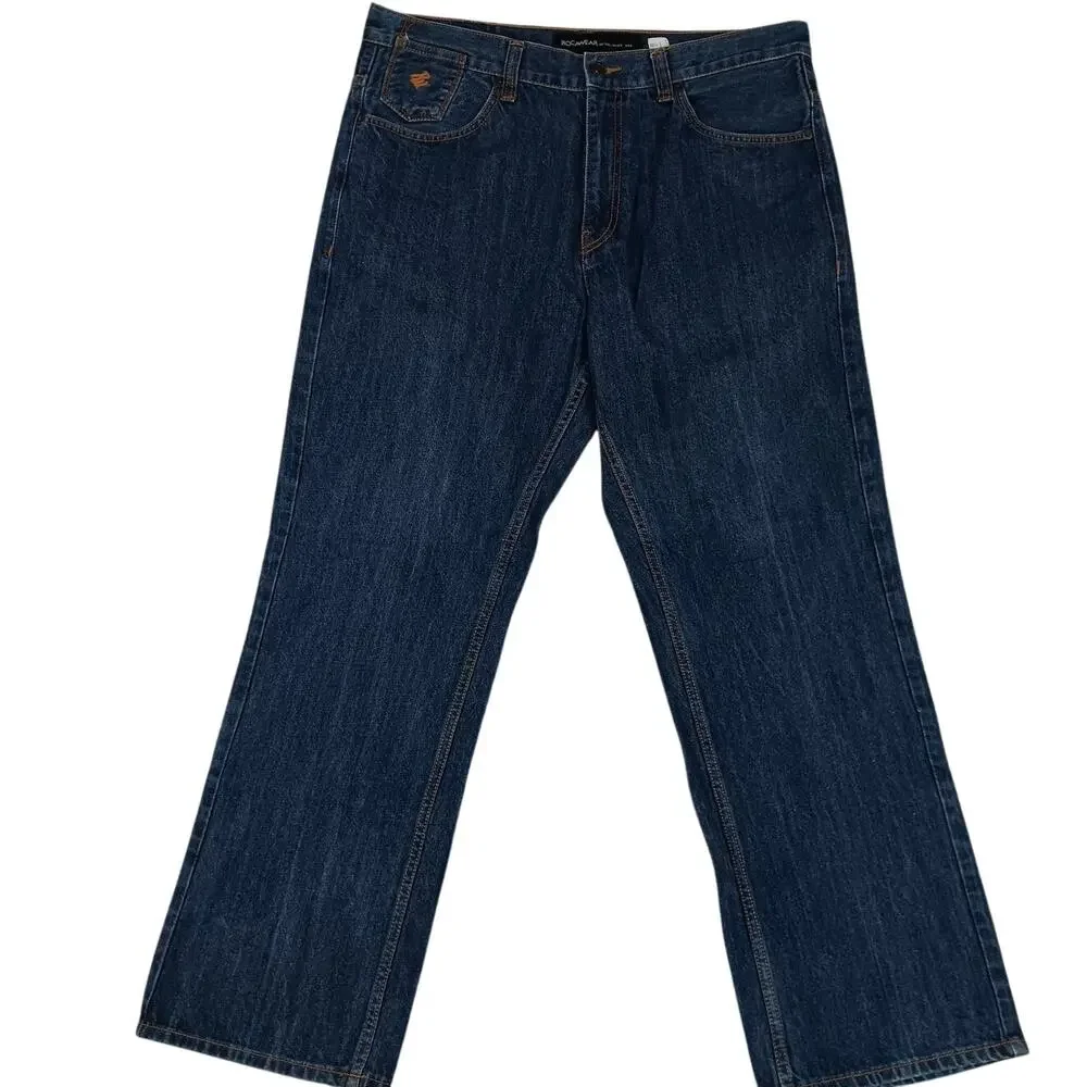 Rocawear Vintage Jeans Mens 38X32 Dark Wash Wide‎ Leg Embroidered Logo Street